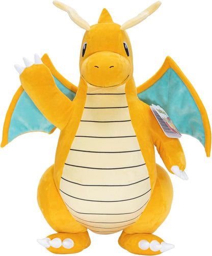 Orange Dragonite Pokemon plush toy standing with one arm raised in a wave