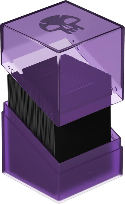 Open purple translucent deck box revealing a stack of black cards inside. A skull logo is visible on the lid