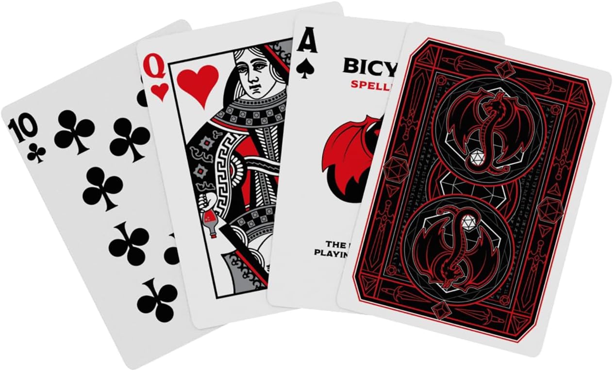 Spread of four custom playing cards: 10 of Clubs, Queen of Hearts, an Ace and a red dragon card back
