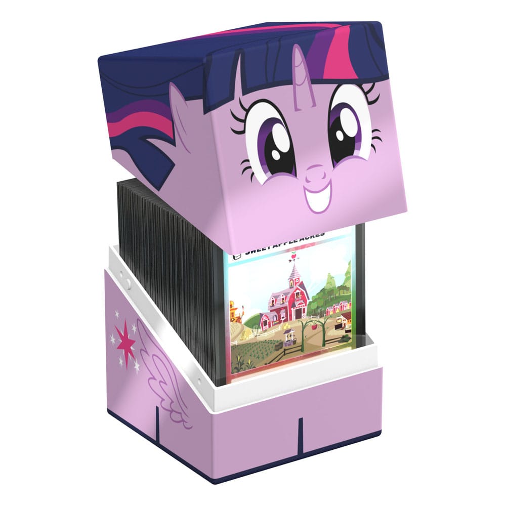 A purple Ultimate Guard Squaroe card box, featuring Twilight Sparkle&#39;s face on its slightly open lid and a cutie mark on the base, filled with cards