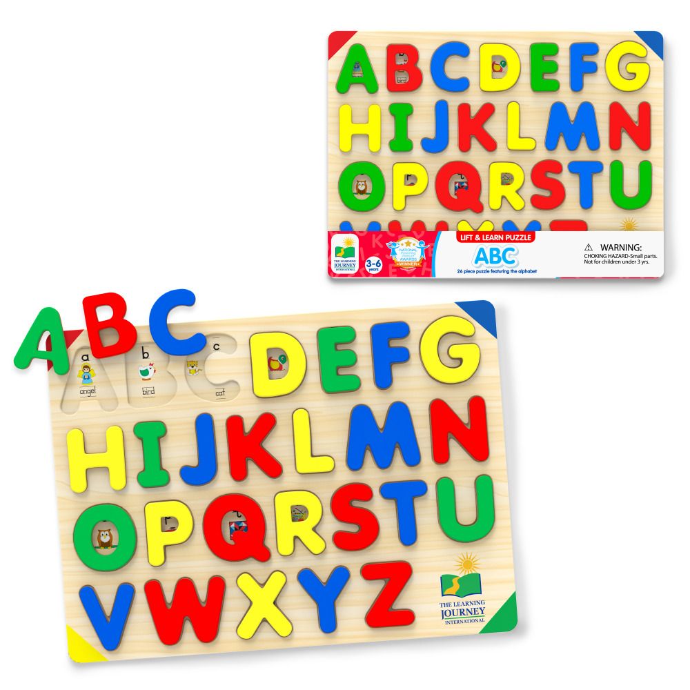 Educational wooden ABC letter puzzle, multicoloured alphabet pieces with pictures below