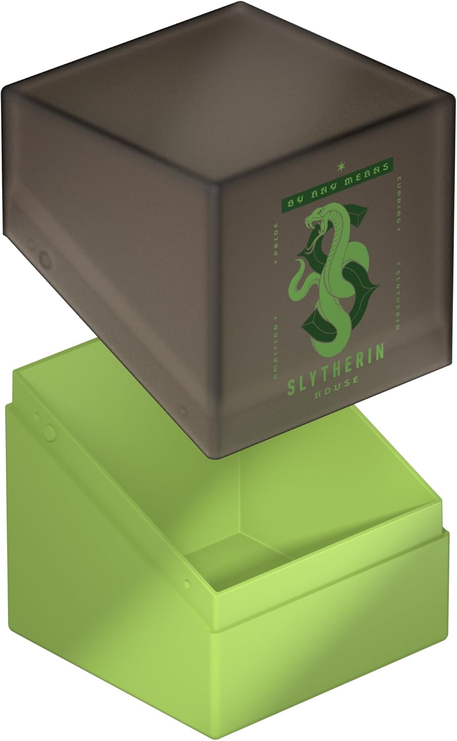 Dark gray and green Slytherin deck box open, featuring the house serpent logo
