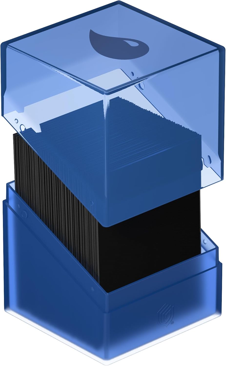 Blue translucent trading card deck box with the lid open, revealing a stack of black cards inside