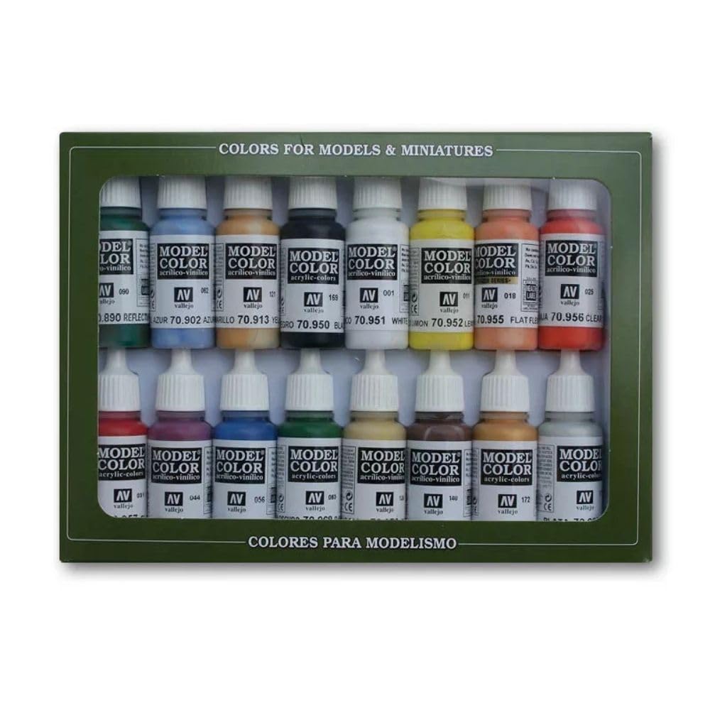 A boxed set of 16 Vallejo Model Color acrylic paints for models and miniatures, in various colors