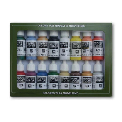 A boxed set of 16 Vallejo Model Color acrylic paints for models and miniatures, in various colors