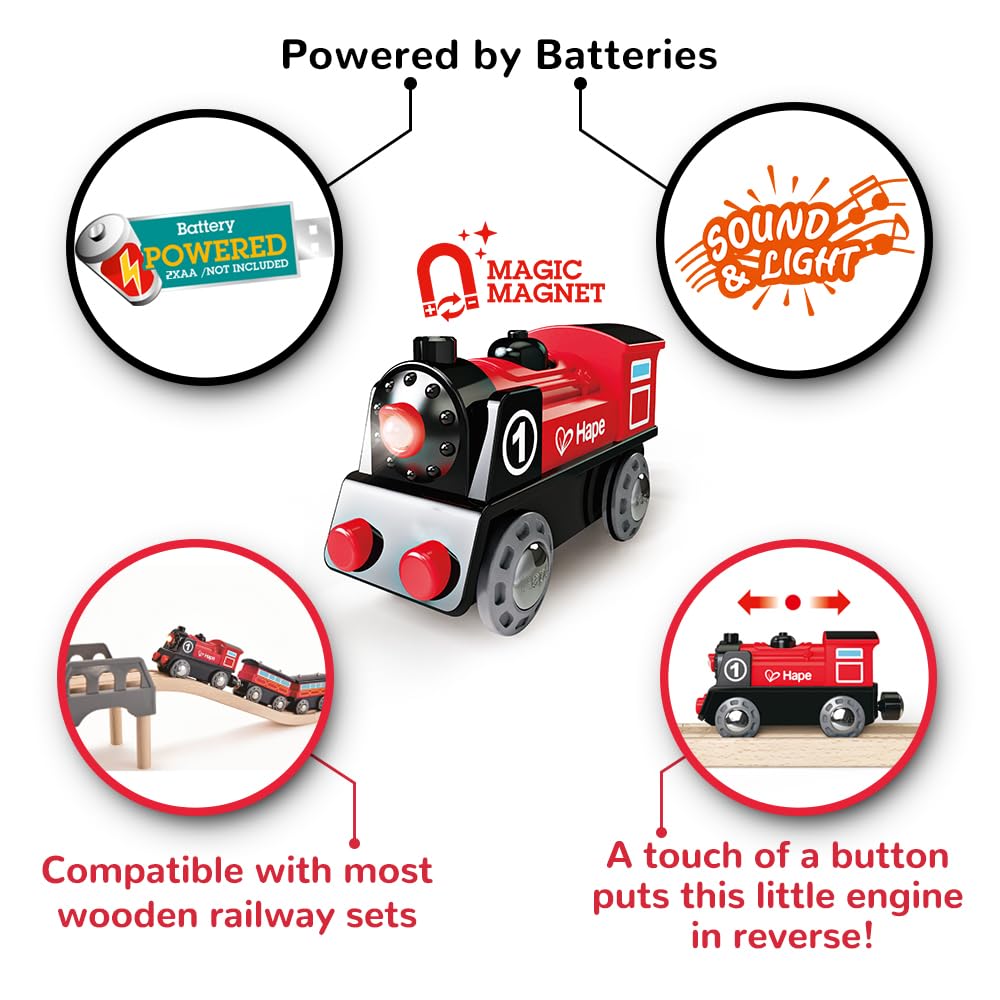 Battery-powered red and black toy train engine displaying its sound and light features