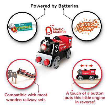 Battery-powered red and black toy train engine displaying its sound and light features
