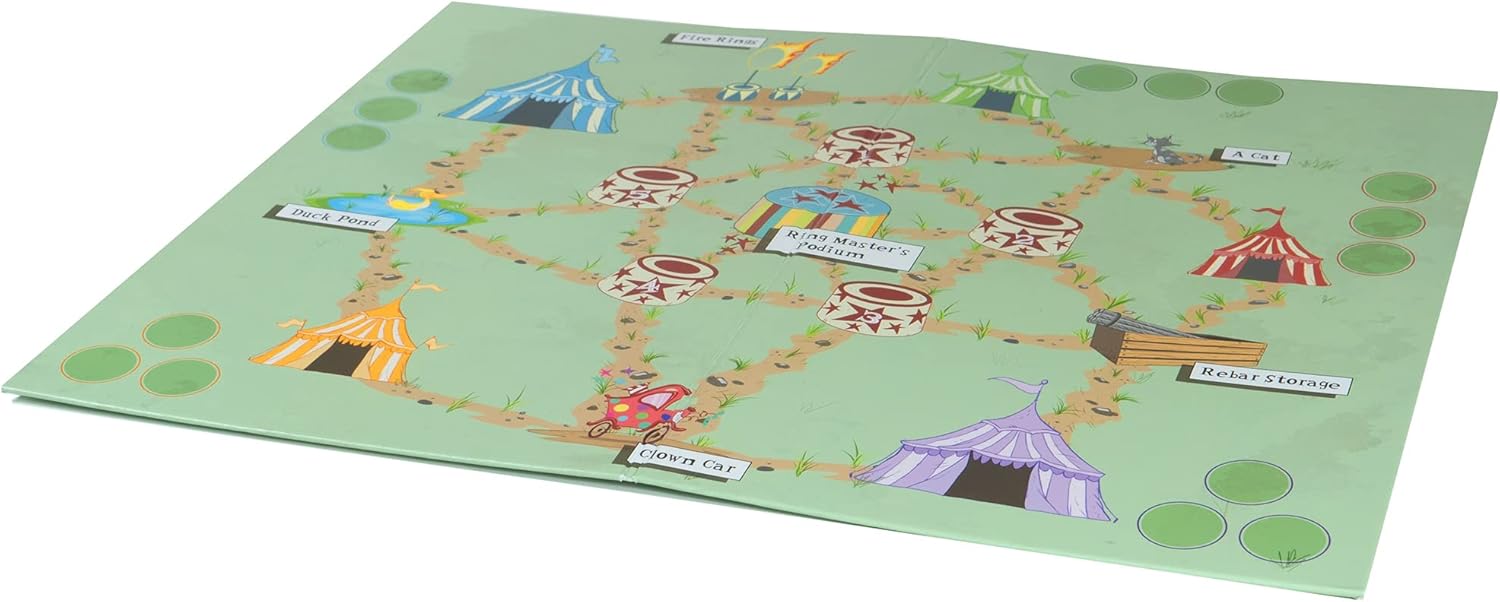 A colourful circus-themed board game map featuring tents, a duck pond, clown car, and winding paths for game pieces