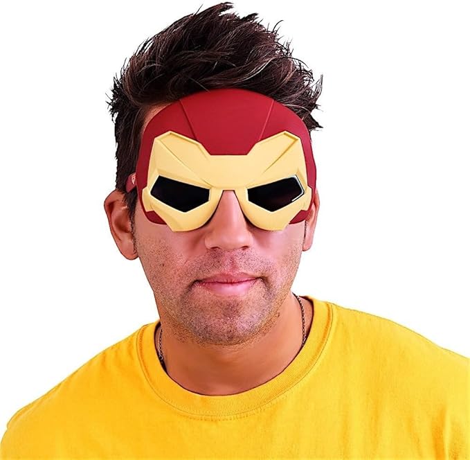 Man wearing red and gold Iron-Man eye mask sunglasses with blue lenses