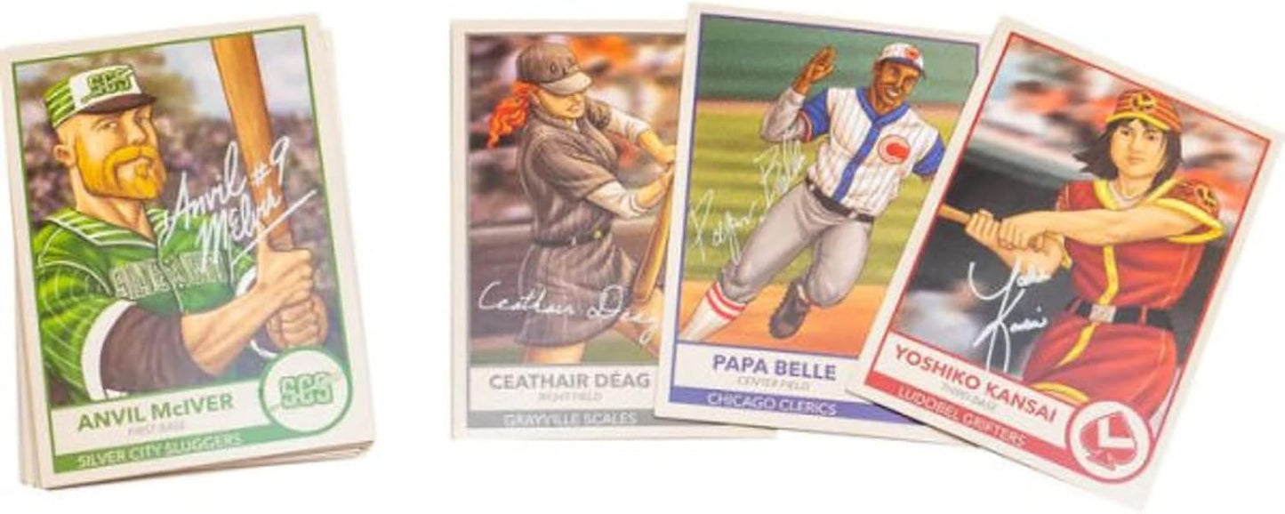 Several illustrated baseball trading cards show diverse players, some batting and some running, with names visible below