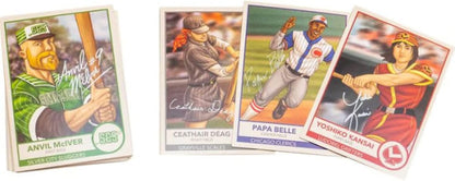 Several illustrated baseball trading cards show diverse players, some batting and some running, with names visible below