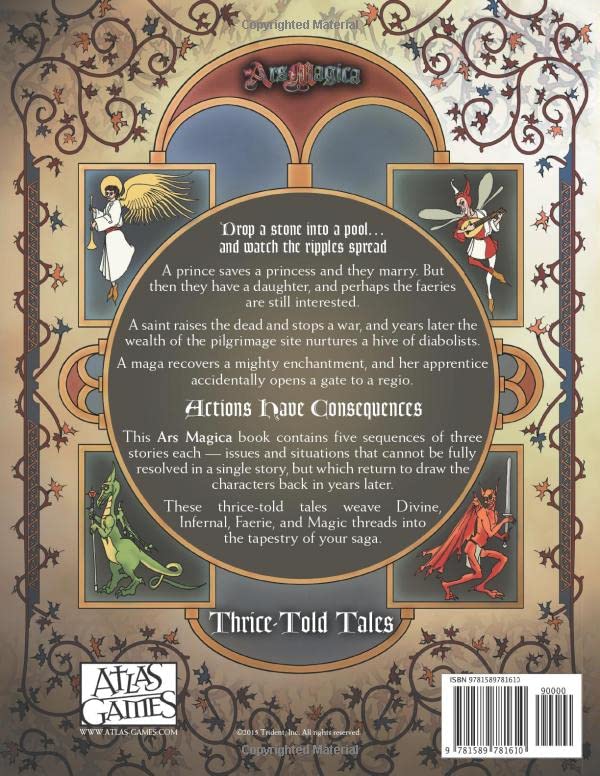 Ars Magica Fifth Edition Thrice-Told Tales sourcebook displaying detailed fantasy art and descriptions of five interwoven stories and their consequences