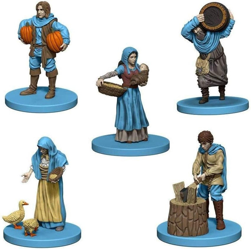 Five fantasy village miniatures: A man with pumpkins, woman with baby, man with barrel, woman feeding ducks, and man chopping wood