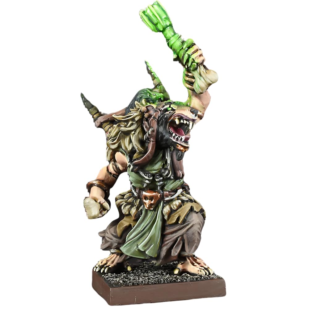 Painted miniature of a snarling, horned beastman raising a green club above its head