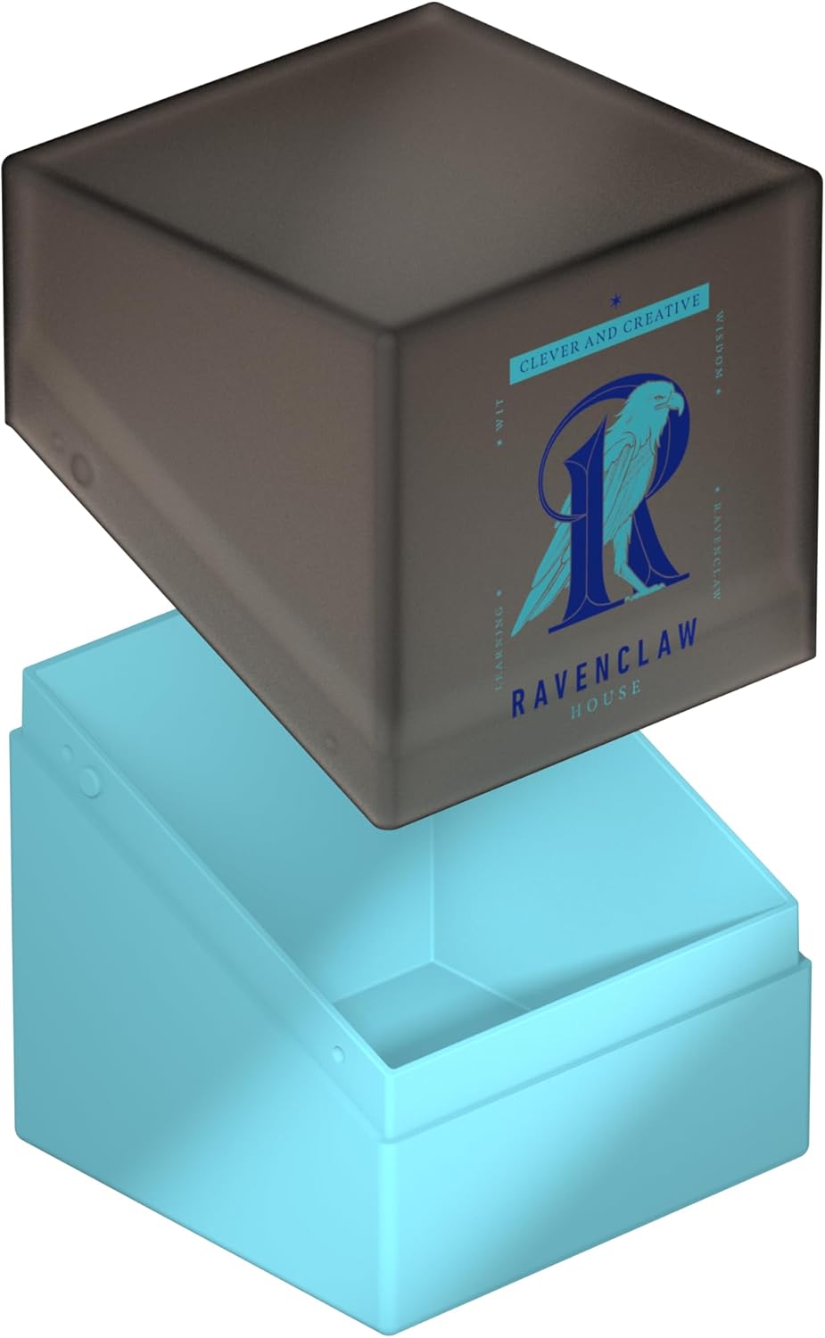 Ravenclaw blue and black storage box with the lid partially removed, displaying the house eagle and crest