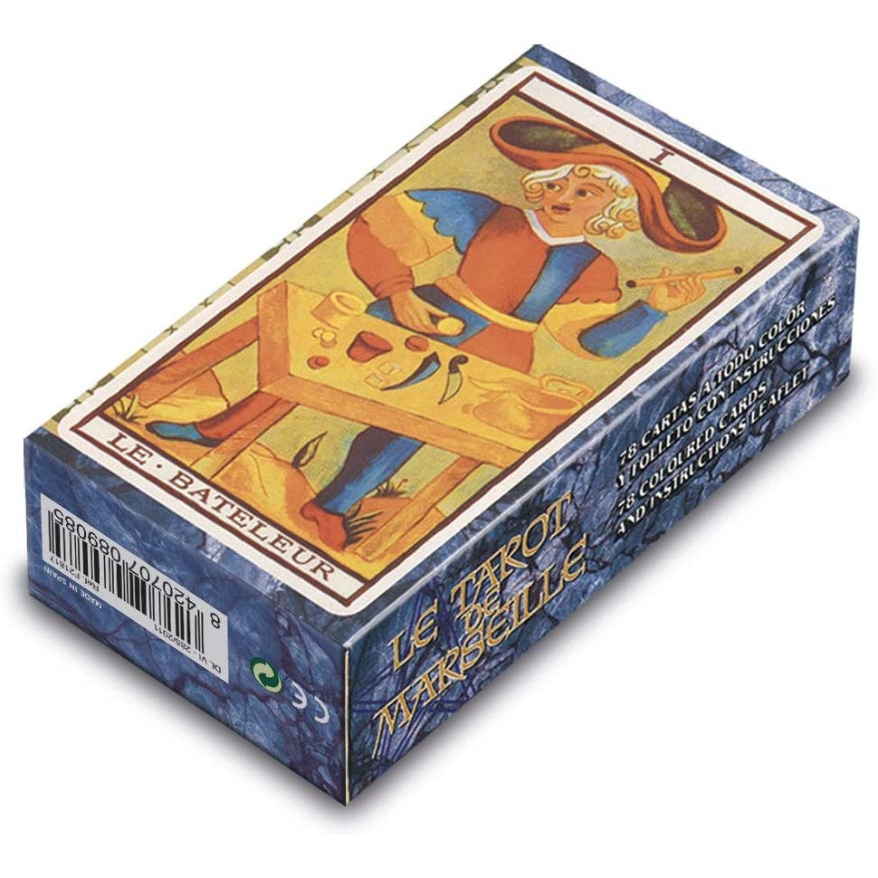 Tarot de Marseille deck box showing &quot;The Magician&quot; (Le Bateleur) card art: a man with tools at a table
