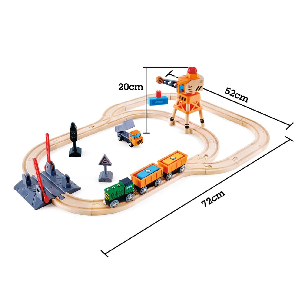 Wooden toy train set featuring a loop track, cargo train, orange crane, level crossing, and dimensions