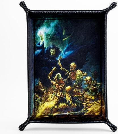 Dice tray featuring dark fantasy art of a wizard casting a green spell over battling skeletons