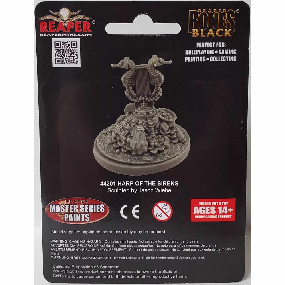 A grey unpainted Reaper Bones Black Harp Of The Sirens miniature featuring a seahorse-ornamented harp on a coral base, visible in its packaging