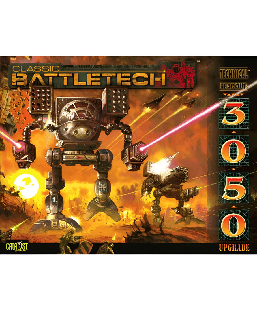 Classic BattleTech artwork: A large BattleMech fires lasers in a fiery battle, alongside a smaller mech
