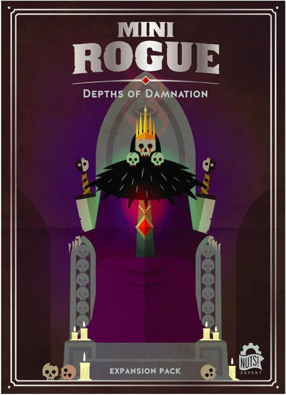 A dark, crowned skull king in purple robes sits on a skull throne, flanked by swords. Box art for Mini Rogue: Depths of Damnation
