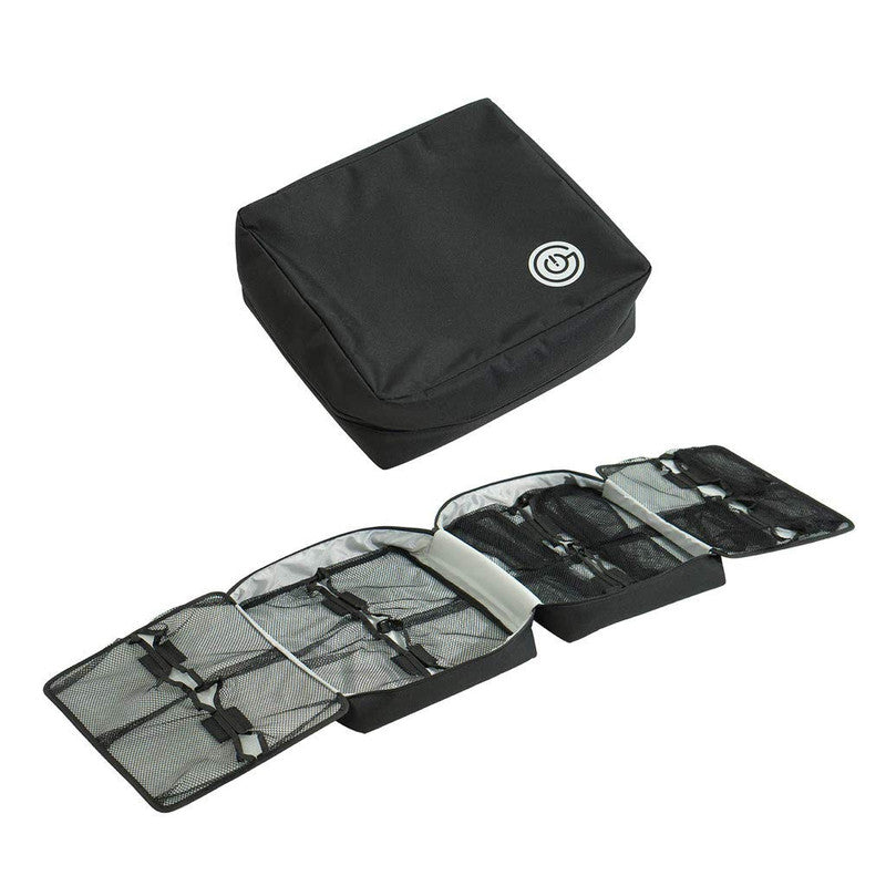 Black travel tech organizer with mesh pockets and elastic straps