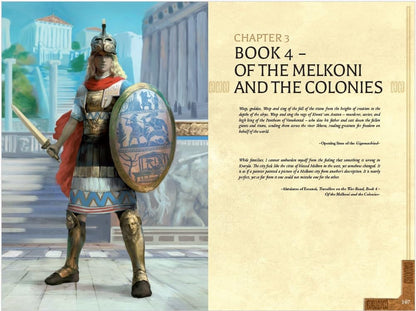 Full-page image featuring a soldier in ancient Greek armor holding a sword and shield with text overlay about the Melkoni and Colonies
