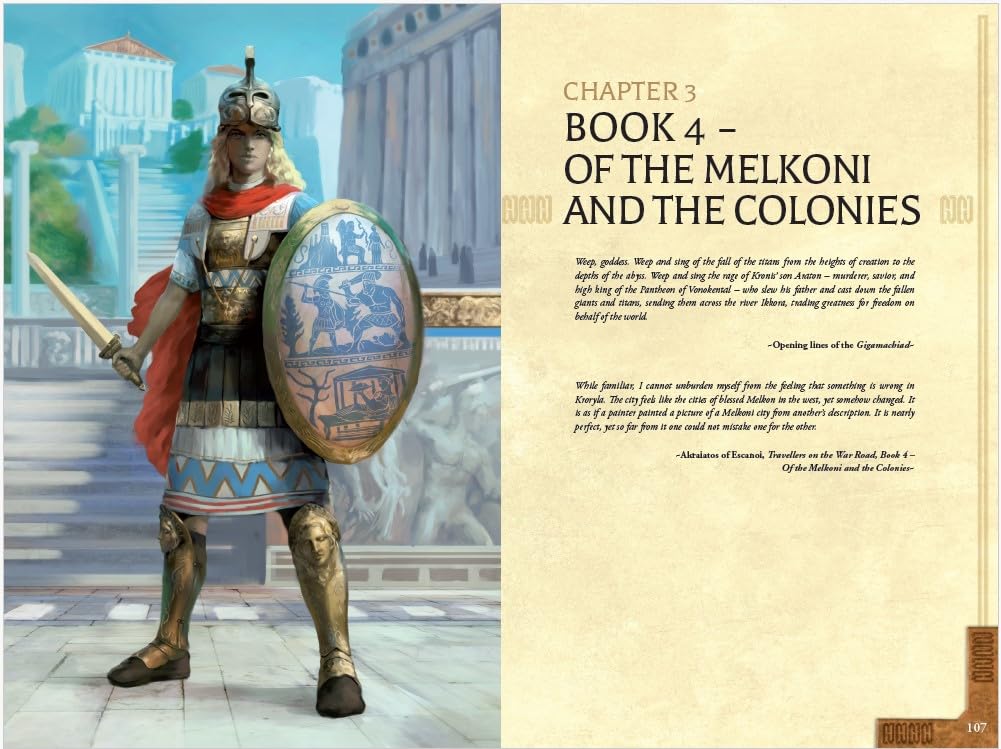 Full-page image featuring a soldier in ancient Greek armor holding a sword and shield with text overlay about the Melkoni and Colonies