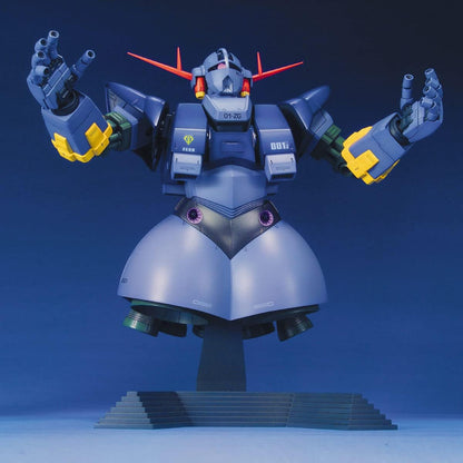 Blue Z'Gok mobile suit model torso displayed on a stand with arms held open