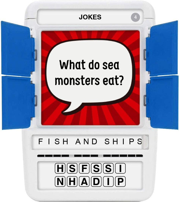 White interactive jokes toy with blue shutters showing What do sea monsters eat question and letter tiles for Fish and Ships