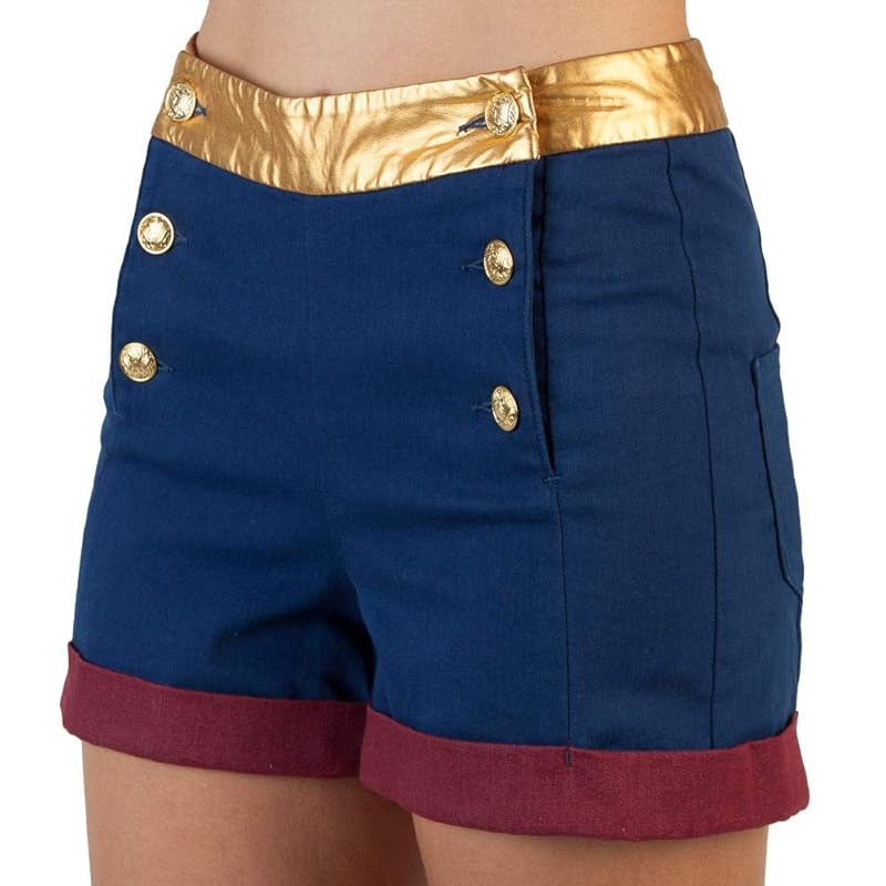 Navy blue sailor shorts with gold button accents and red cuffed hem