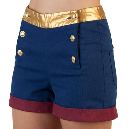Navy blue sailor shorts with gold button accents and red cuffed hem