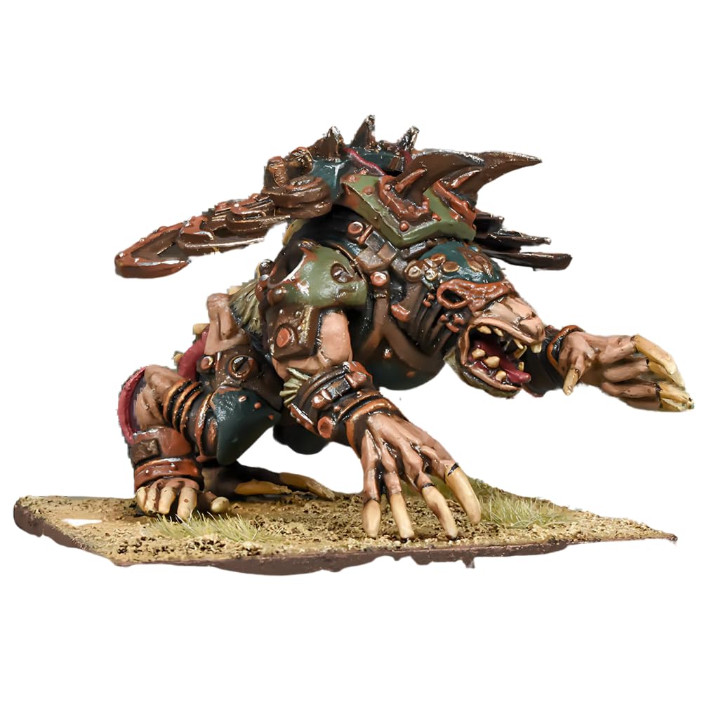 A menacing, armored monster figurine lunges forward, mouth agape with sharp teeth, on a small terrain base