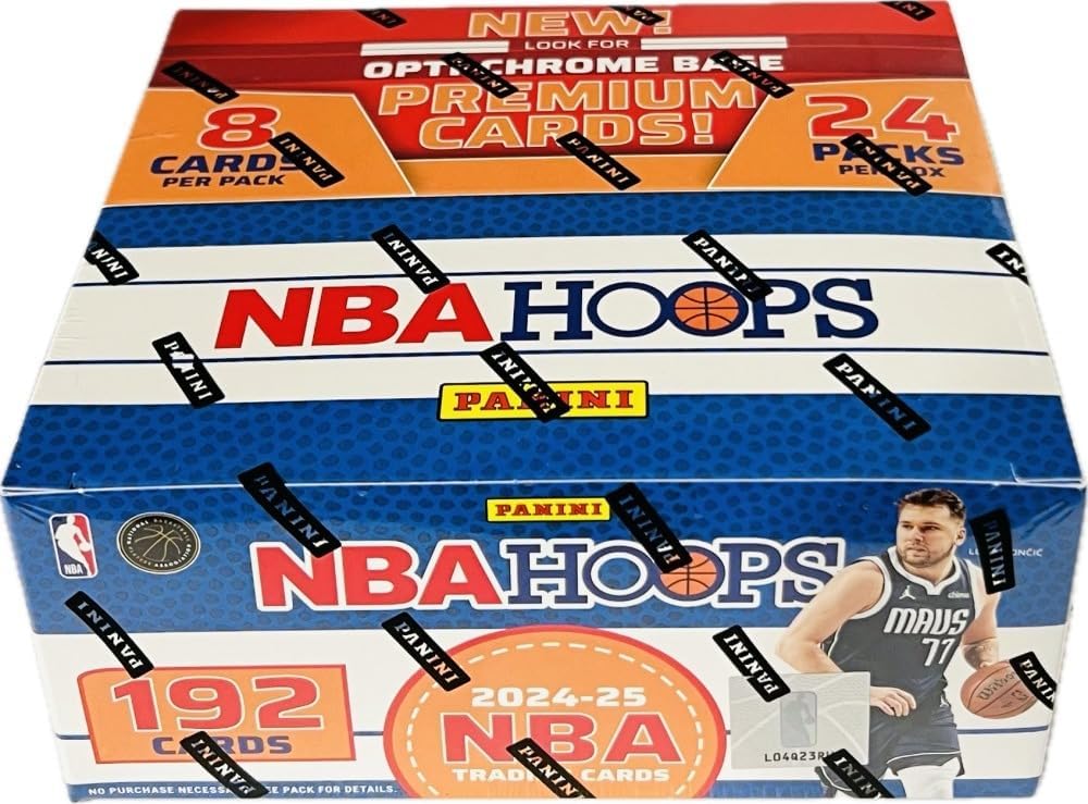 Sealed 2024-25 NBA Hoops basketball trading card box with 24 packs and 192 cards featuring Luka Doncic