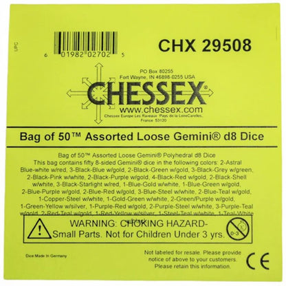 Chessex label for "Bag of 50 Assorted Loose Geminia d8 Dice" with a choking hazard warning