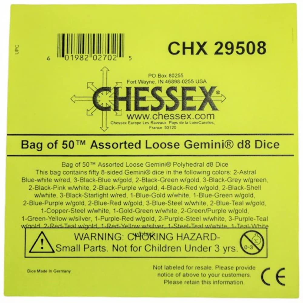 Chessex label for &quot;Bag of 50 Assorted Loose Geminia d8 Dice&quot; with a choking hazard warning