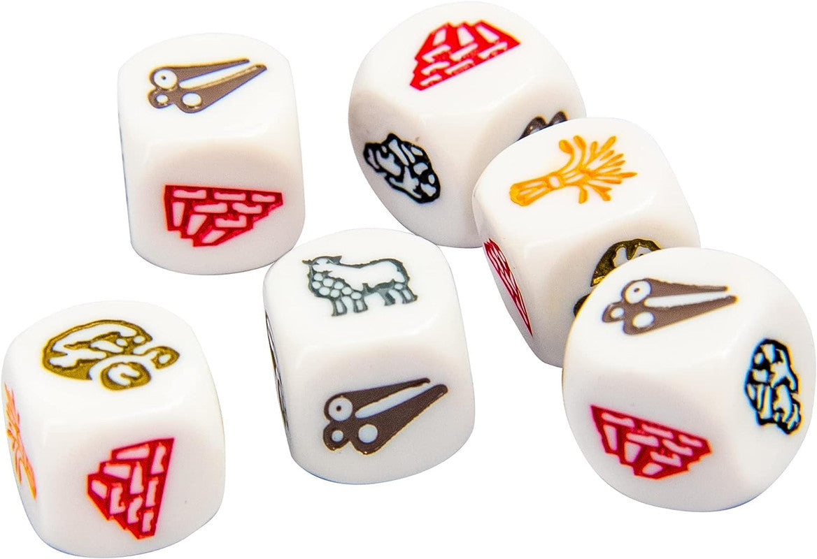 Six white game dice, each showing colorful symbols like sheep, wheat, bricks, shears, or a house