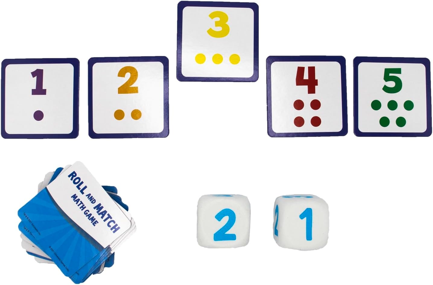 Roll and Match math game cards (1-5 with corresponding dots), dice showing 1 and 2, and a stack of game cards