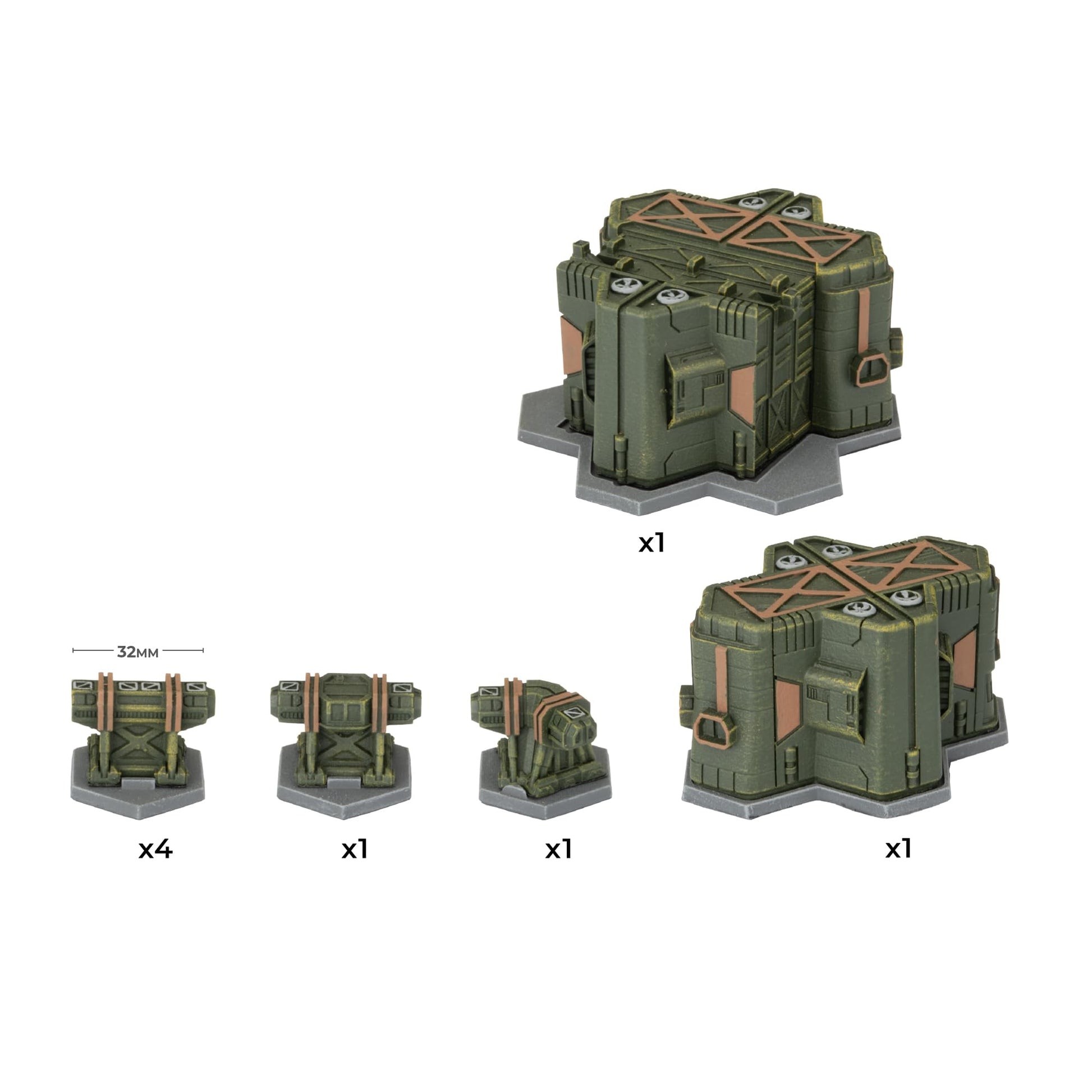 Dark green and bronze sci-fi miniature crates on grey bases, shown in different sizes and quantities.