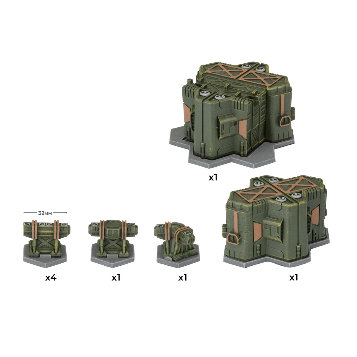 Dark green and bronze sci-fi miniature crates on grey bases, shown in different sizes and quantities.