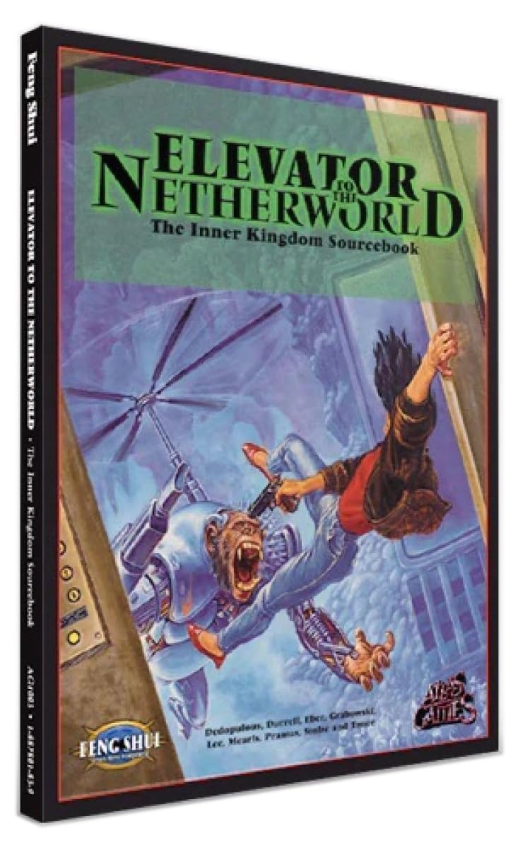 Book cover: 'Elevator to the Netherworld'. A robotic chimpanzee and a person battle mid-air, both firing guns