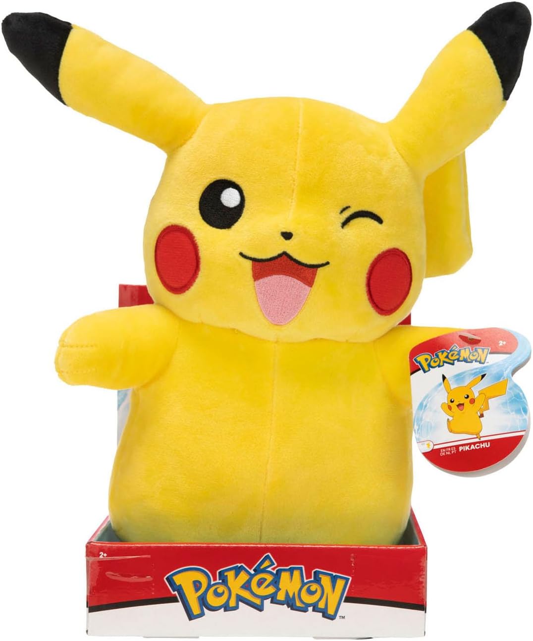 Plush Pikachu toy winking and sticking out tongue, displayed in a red Pokemon retail box