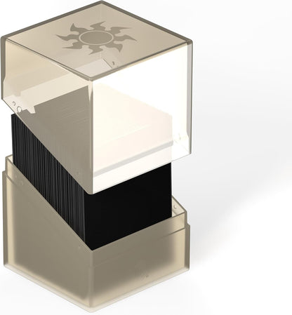 Open translucent card deck box containing black-sleeved cards. The lifted lid features a sun symbol