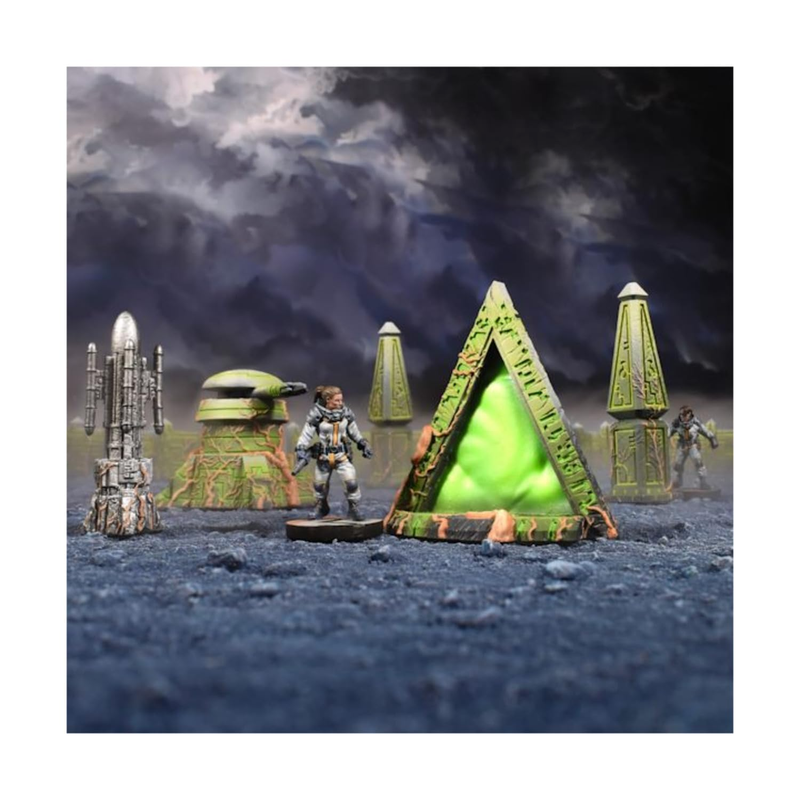 TerrainCrate Xenos Stronghold with sci-fi portal, defense platforms &amp; astronaut miniatures