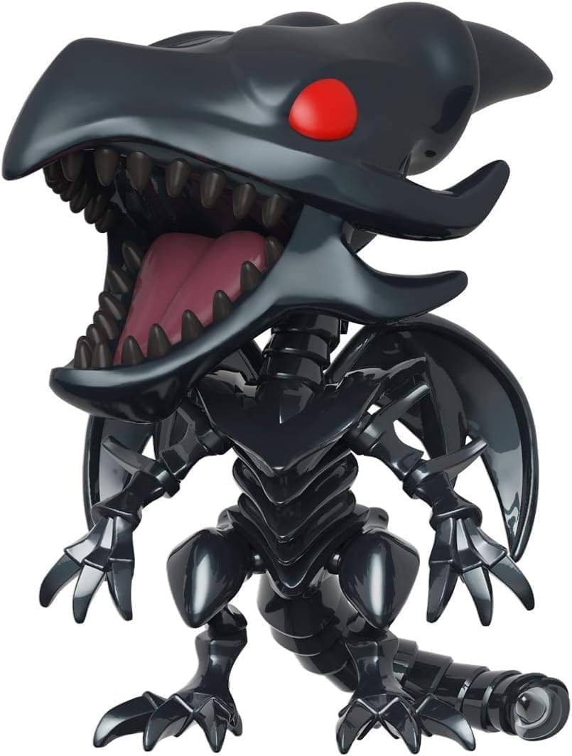 Yu-Gi-Oh! Red-Eyes Black Dragon figure. Glossy black vinyl toy with large red eyes and fierce open mouth showing teeth