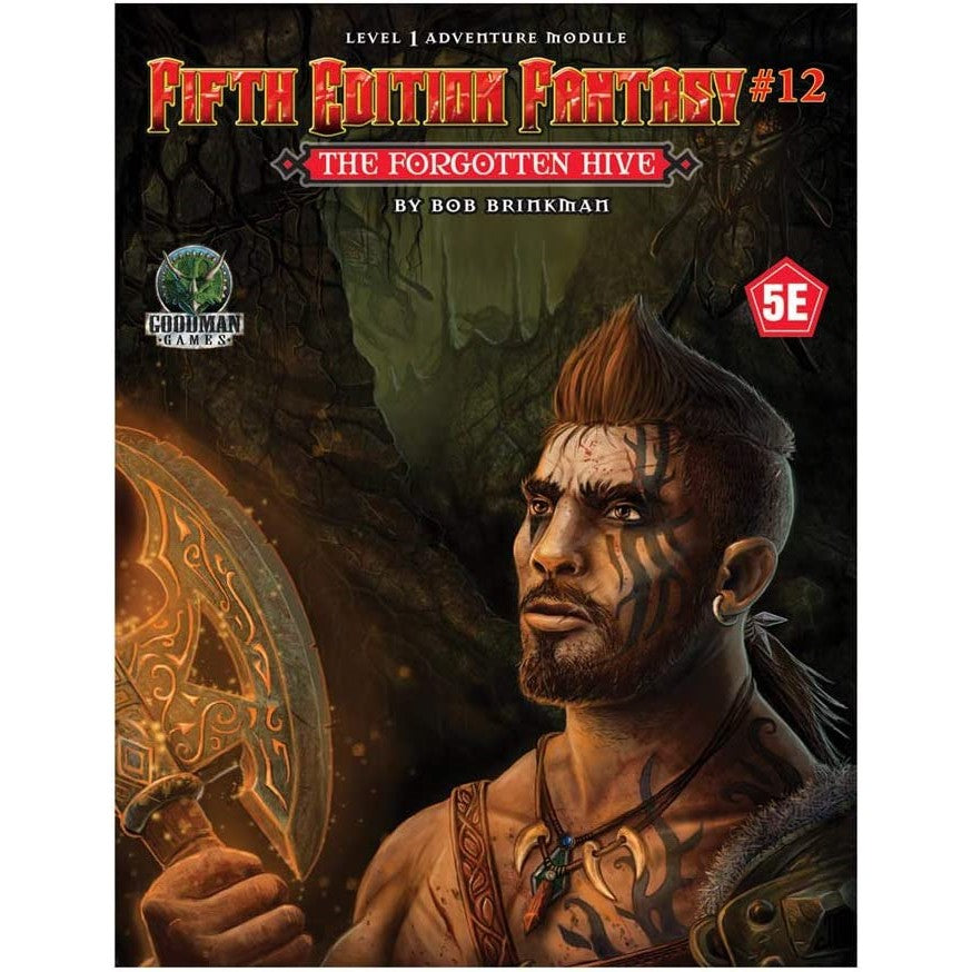 Fantasy cover: A fierce barbarian with face paint and a mohawk holds a glowing axe, looking wary in a dark cave
