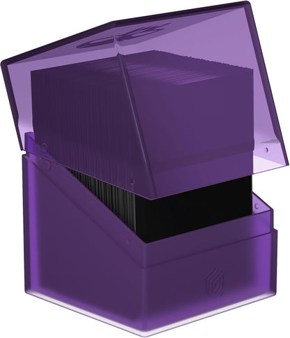 Open, translucent purple deck box filled with black trading cards