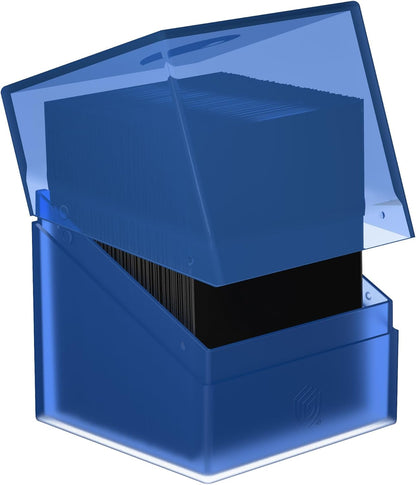 Blue plastic deck box open, showing black sleeved playing cards