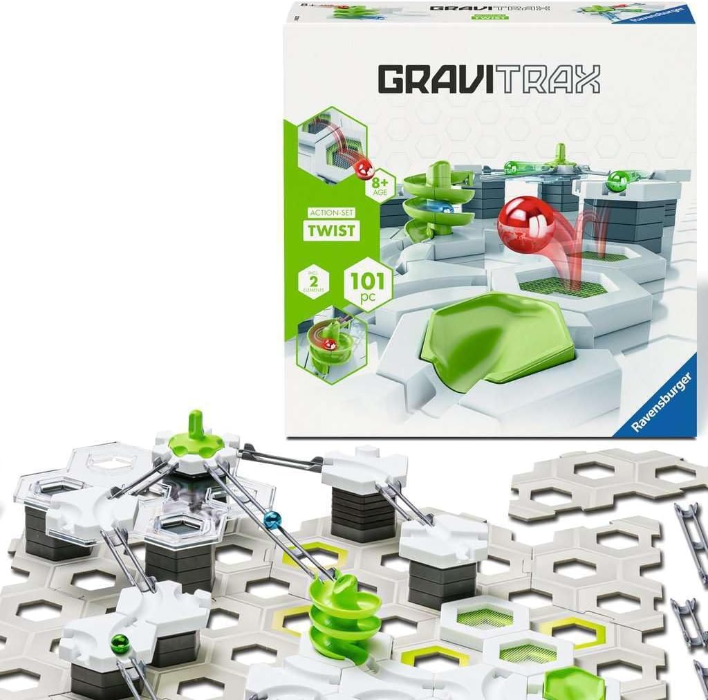 GraviTrax Action-Set Twist marble run box and assembled toy, featuring green spiral tracks and white bases