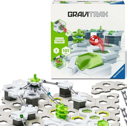 GraviTrax Action-Set Twist marble run box and assembled toy, featuring green spiral tracks and white bases